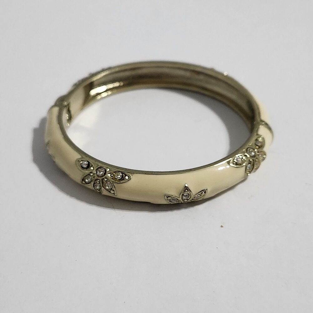 Bracelet Beige Enamel Clear Acrylic Rhinestone Hinged Bangle Flower